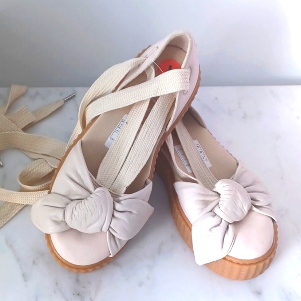 Women's Cream Knot Ballet Platform Flats with Wrap Straps